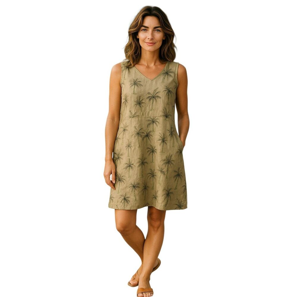 Kiko  Clothing 100% Linen Maxi Dress Green with palm prints Size 1XL Round N #28
